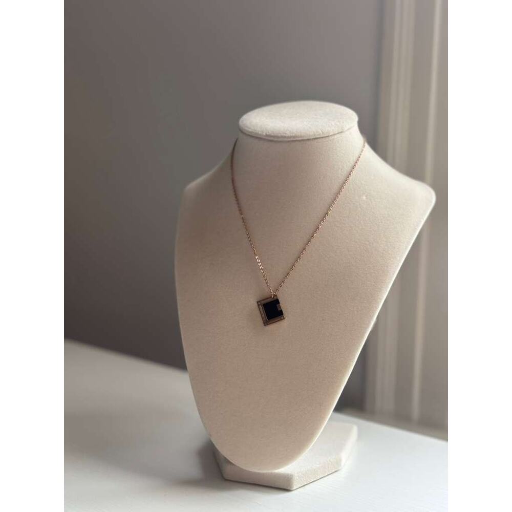 Rose Gold Square Pendant Necklace Minimal Black Stone Geometric Charm - Picture 2 of 6